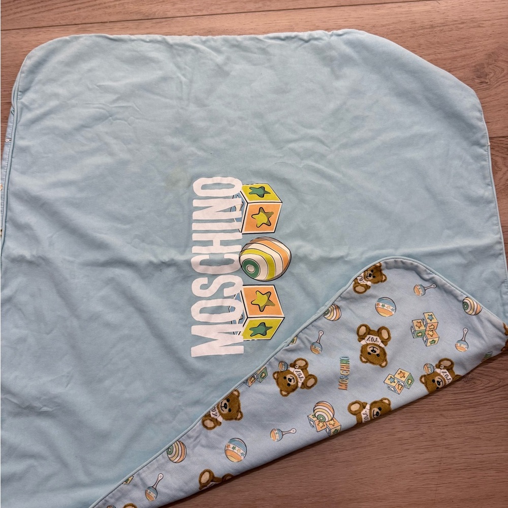 Moschino Blue Baby Blanket with Teddy Bear Design